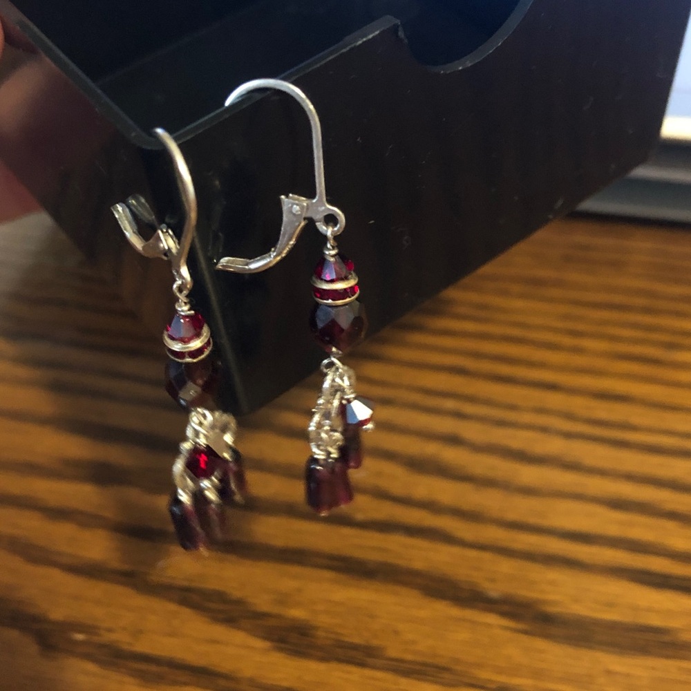 Artisan Silver and Deep Red Dangle Earrings